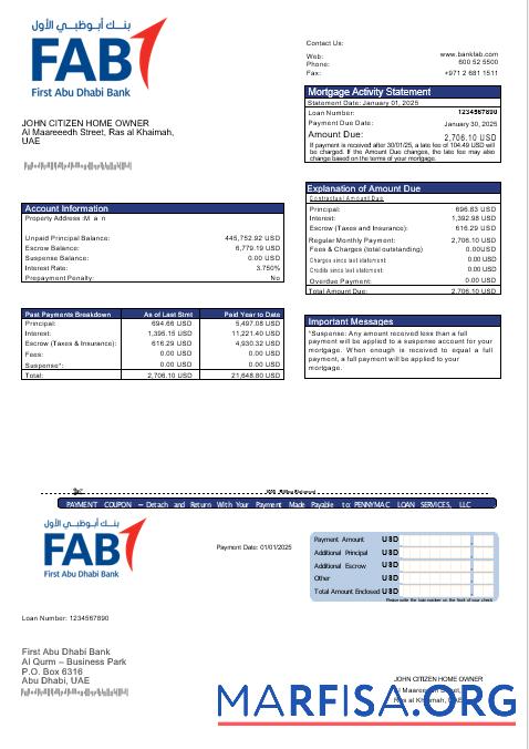 Downloadable UAE First Abu Dhabi bank mortgage statement in Word and PDF formats template